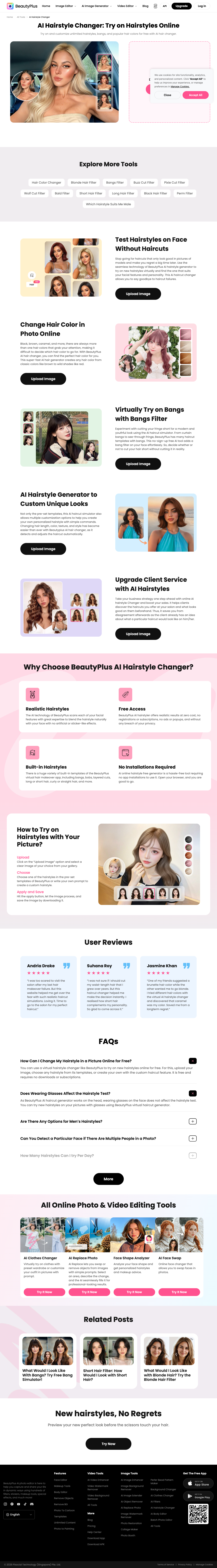 BeautyPlus AI Hairstyle Changer page showing the upload interface, "Try on Hairstyles Online" heading, and key features like realistic blending and free access