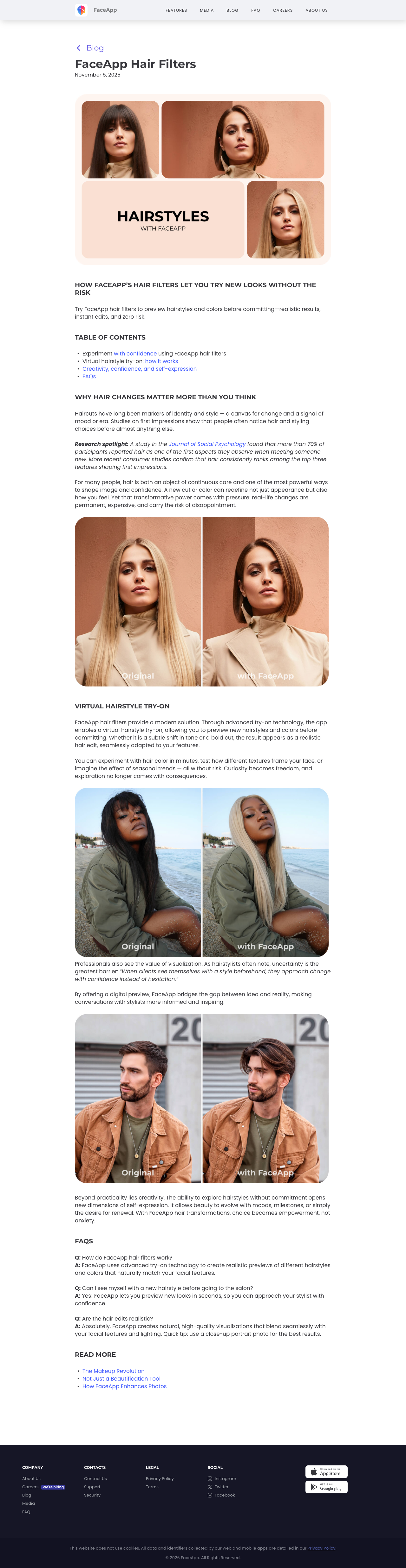 FaceApp Hair Filters blog page showing before/after transformations, "Virtual Hairstyle Try-On" section, and explanation of the risk-free preview concept