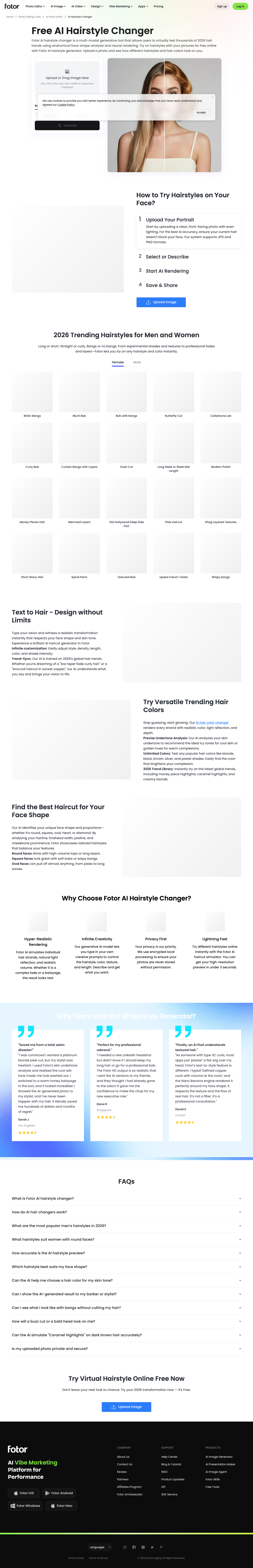 Fotor AI Hairstyle Changer page showing the before/after slider, 2026 trending style grid, and face shape matching