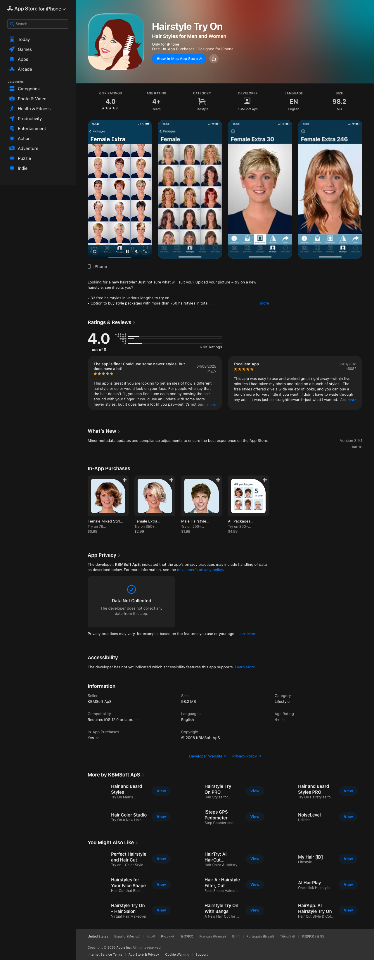 Hairstyle Try On App Store page showing app screenshots, 33 free hairstyles + 750 paid styles, and face-shape guidance features