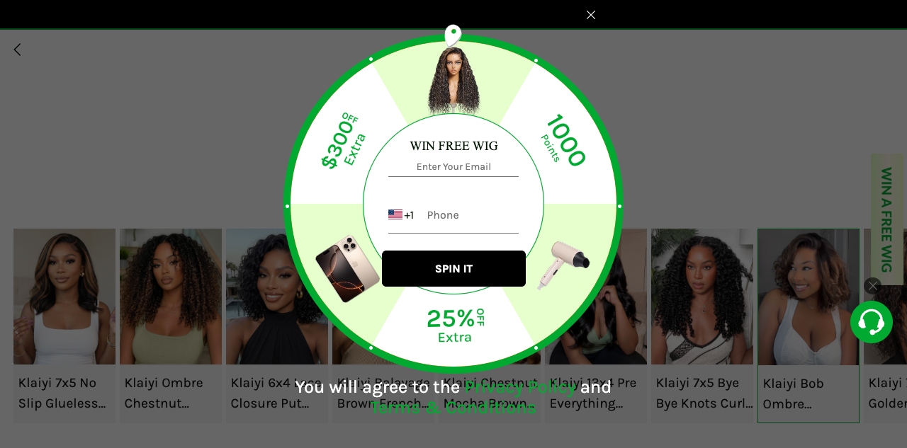 Klaiyi Hair AI Try-On page showing the "Pick Your Preferred Wig Style" gallery with product thumbnails, photo upload area, and wig style selection interface