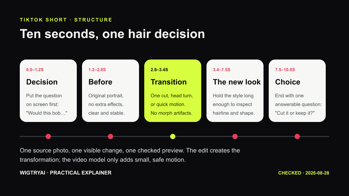 Five-stage timeline of a 10-second TikTok hair transformation video: decision, before, transition, new look, and choice