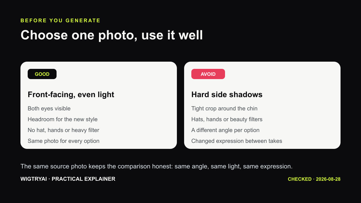 Good versus bad source photos for an AI hair transformation: front-facing, even light, both eyes visible, headroom, no filters
