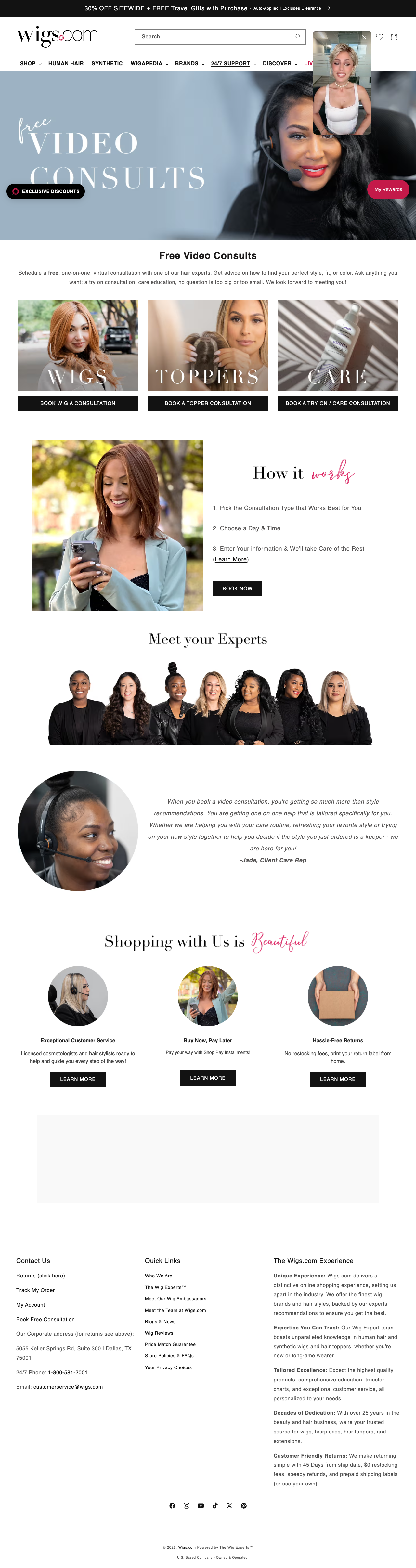 Wigs.com Free Video Consults page showing three consultation booking options — Wig, Topper, and Try-On/Care — along with the expert team and value proposition about personalized guidance