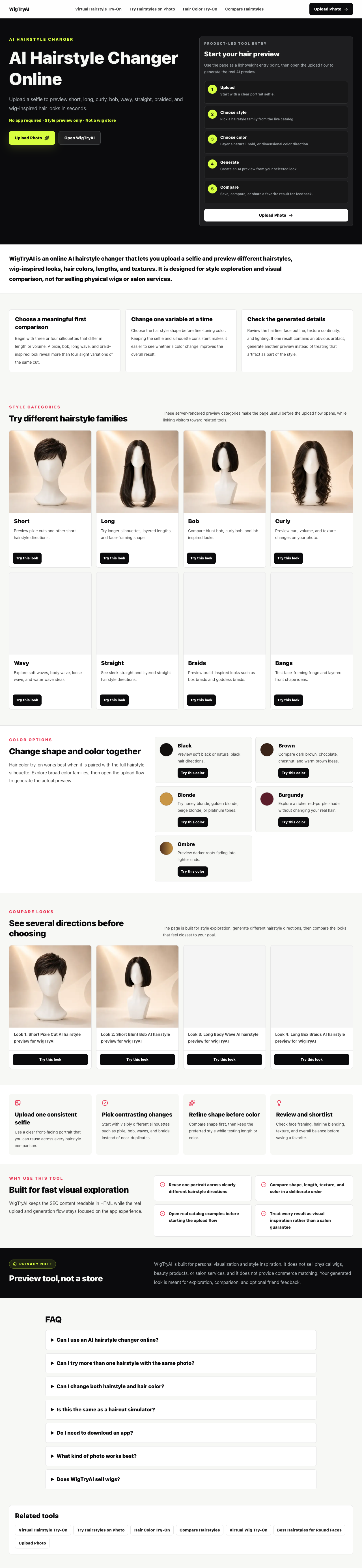 WigTryAI AI Hairstyle Changer page showing the full tool interface — style categories, color options, and before/after compare section