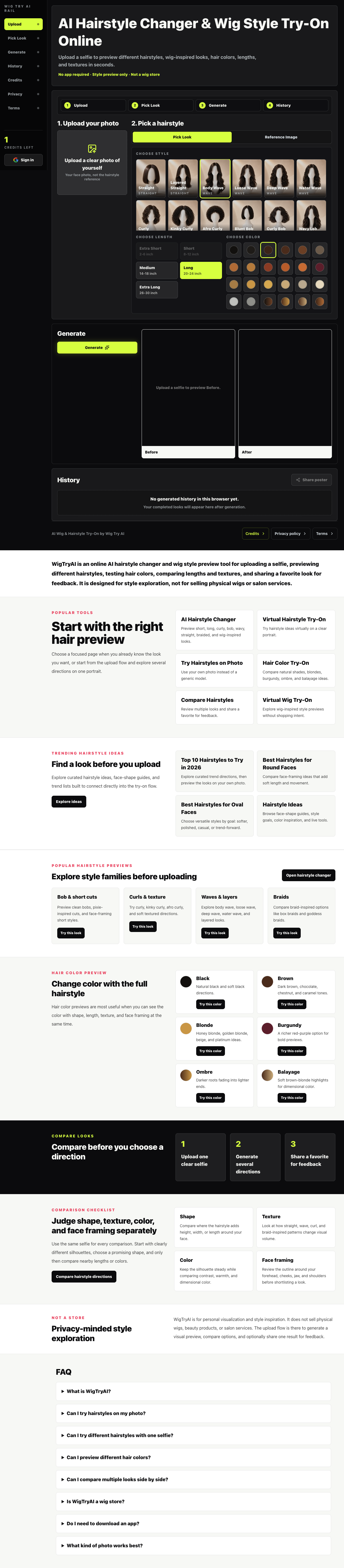 WigTryAI homepage showing the privacy-first approach — no account required, clear disclaimer, and minimal data retention