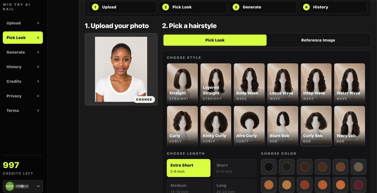 WigTryAI interface showing the Pick Look screen with uploaded portrait, hairstyle gallery, length choices, and hair color controls