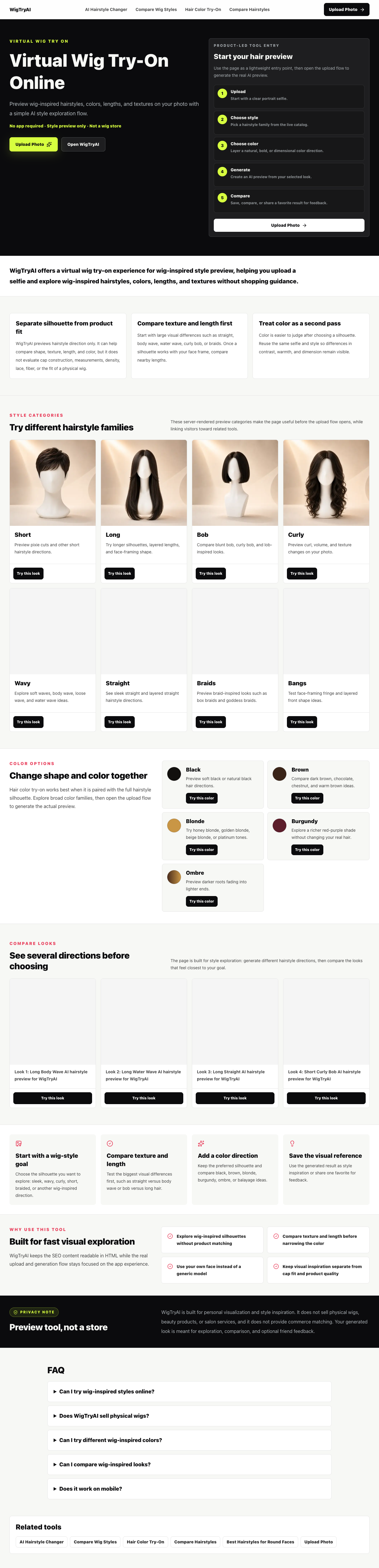 WigTryAI Virtual Wig Try-On page showing wig-inspired style categories and compare looks section