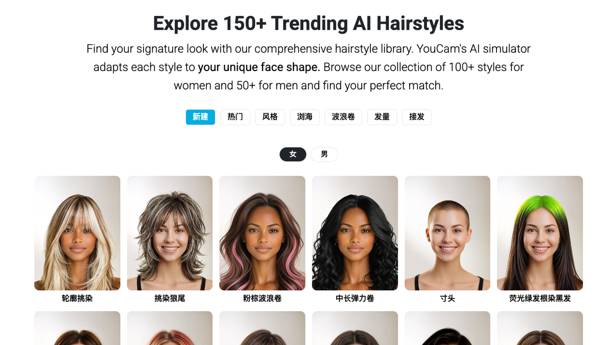 YouCam AI Hairstyle Generator interface showing the 150-plus hairstyle library, three-step workflow, and upload entry point
