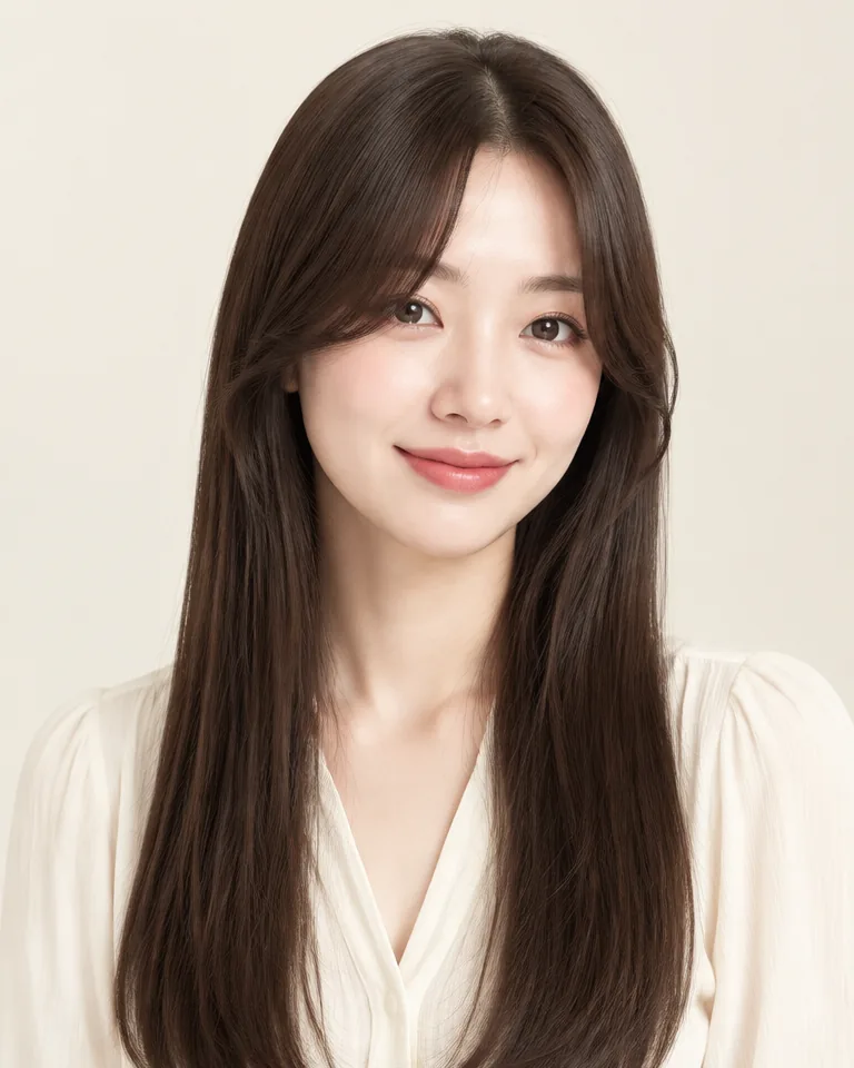 Adult woman with dark brown long hair and center-open curtain bangs sweeping toward her cheeks