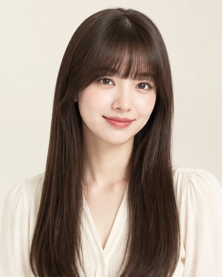 Same adult woman with dark brown long hair and a straight-across brow-level fringe