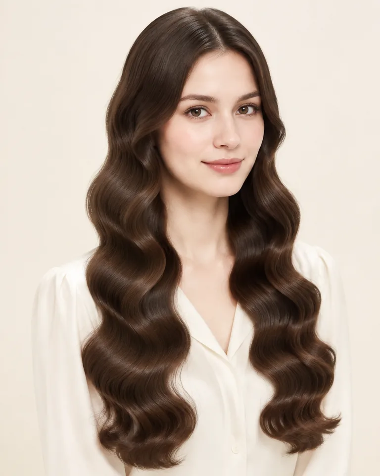 Adult woman with long dark brown hair in regularly repeated broad S-shaped waves