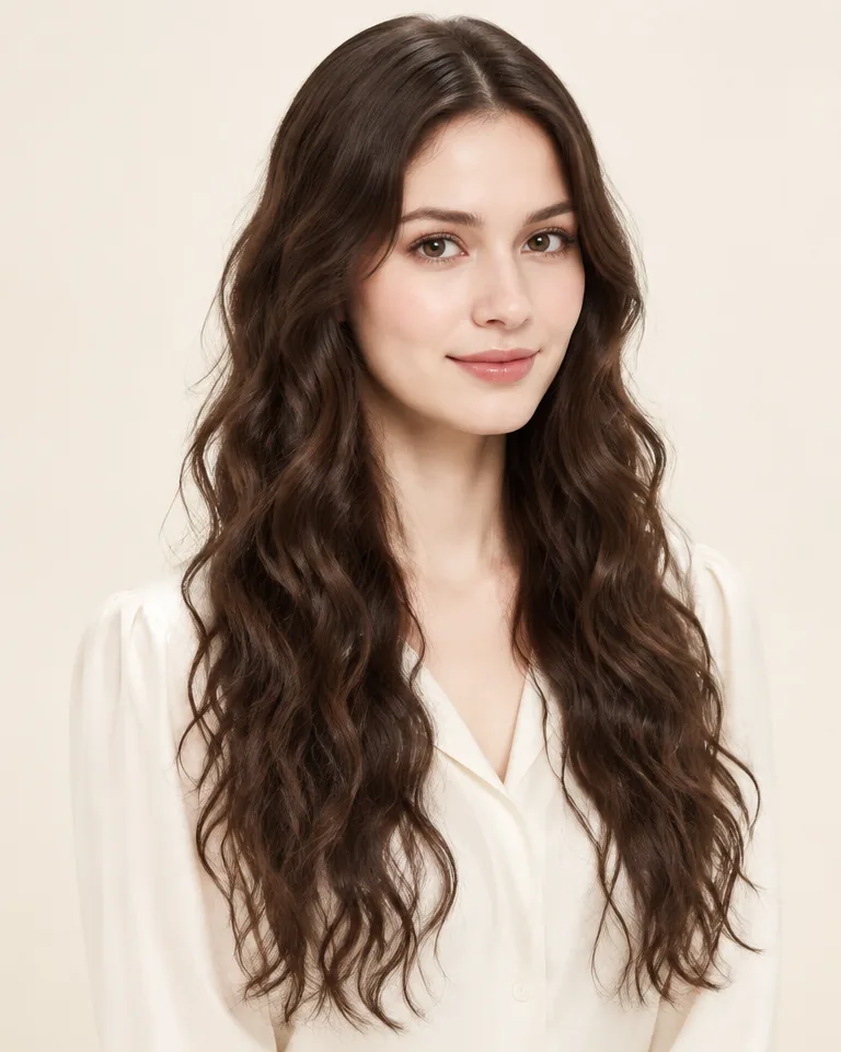 Same adult woman with long dark brown hair in irregular ripples with mixed wave directions