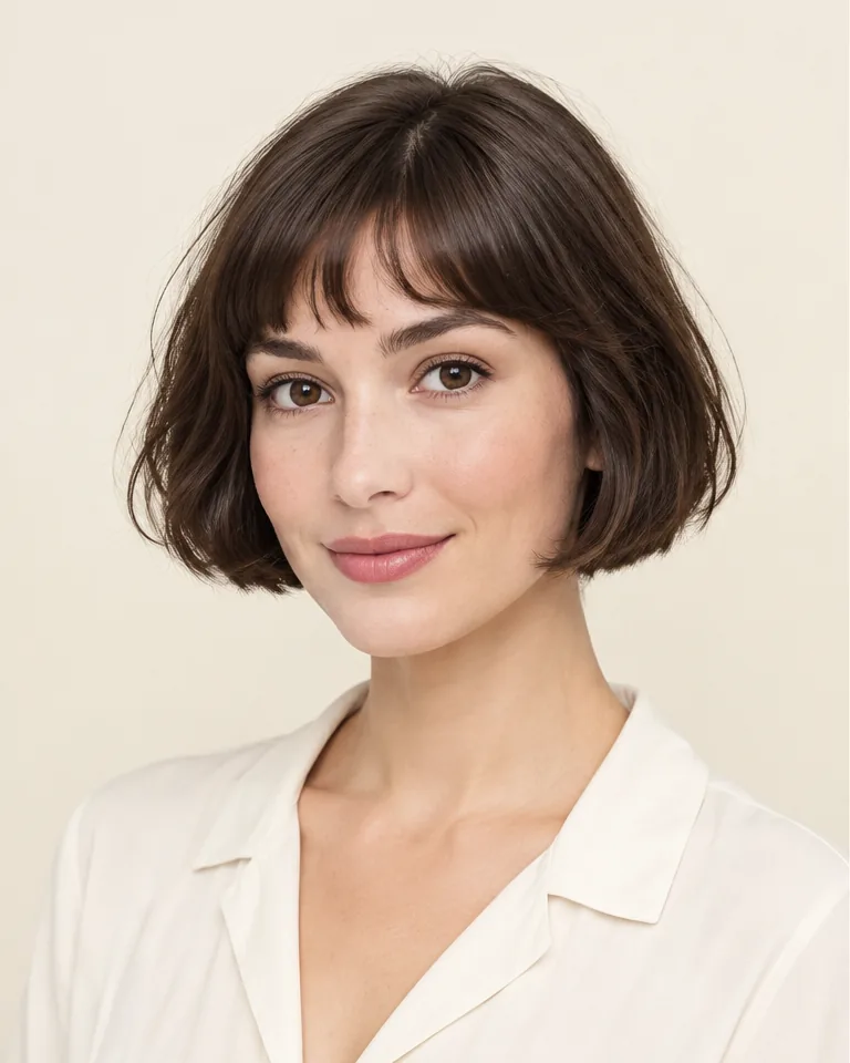 Adult woman with a jaw-length dark brown French bob and a short soft fringe