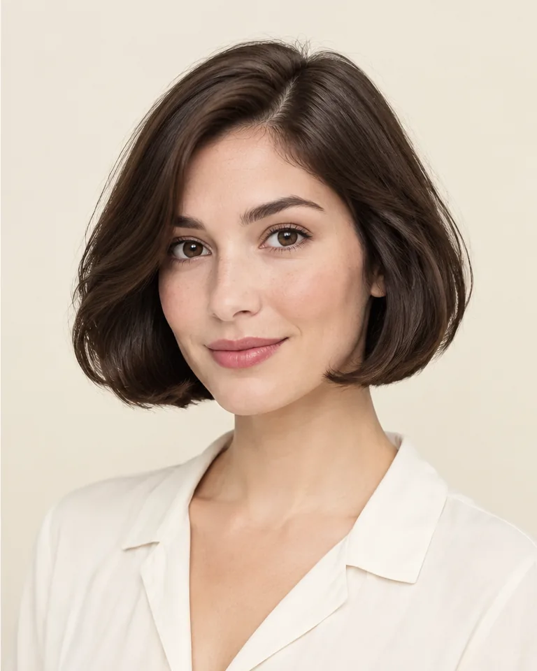The same adult woman with a fuller dark brown Italian bob and an open forehead