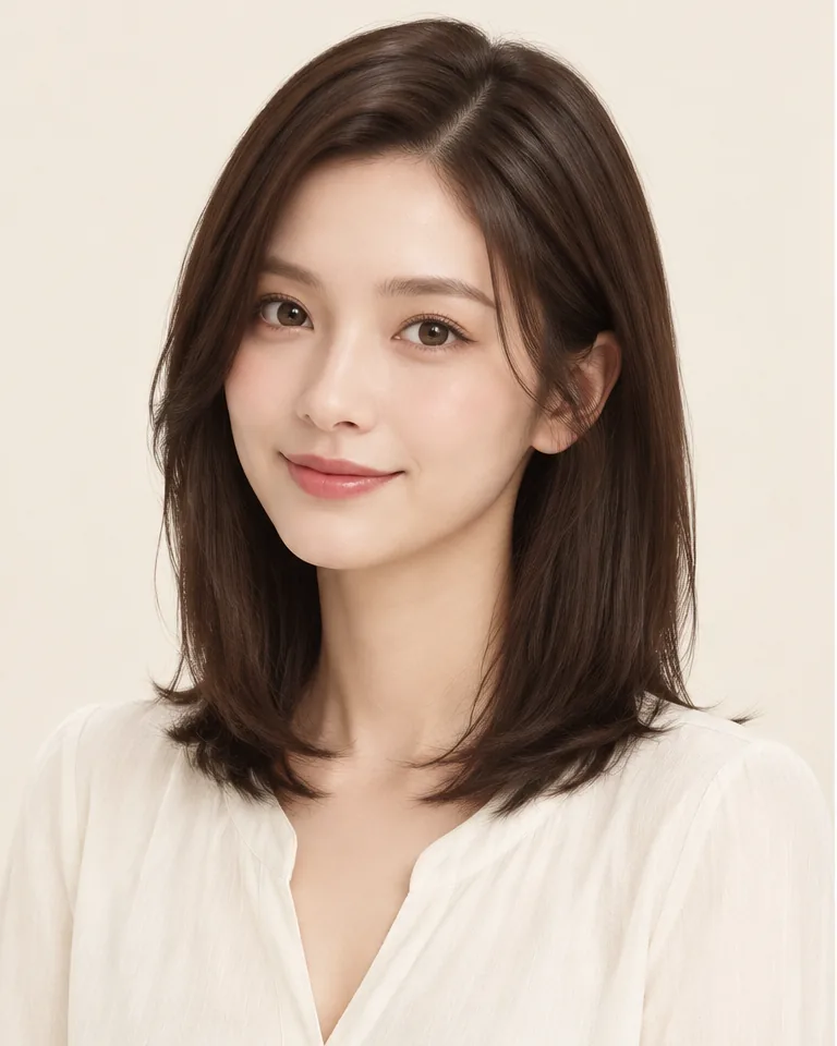 Adult woman with shoulder-length dark brown hair and shorter face-framing sections above the longest ends