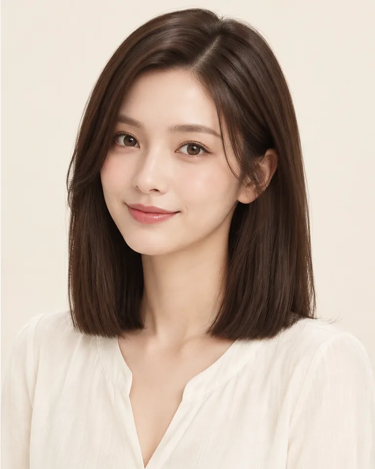 Same adult woman with shoulder-length dark brown straight hair and a continuous bottom edge