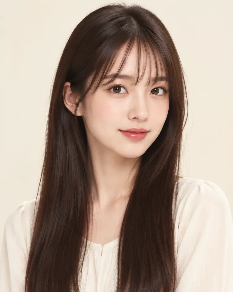 Adult woman with long dark brown hair and separated wispy bangs showing forehead gaps