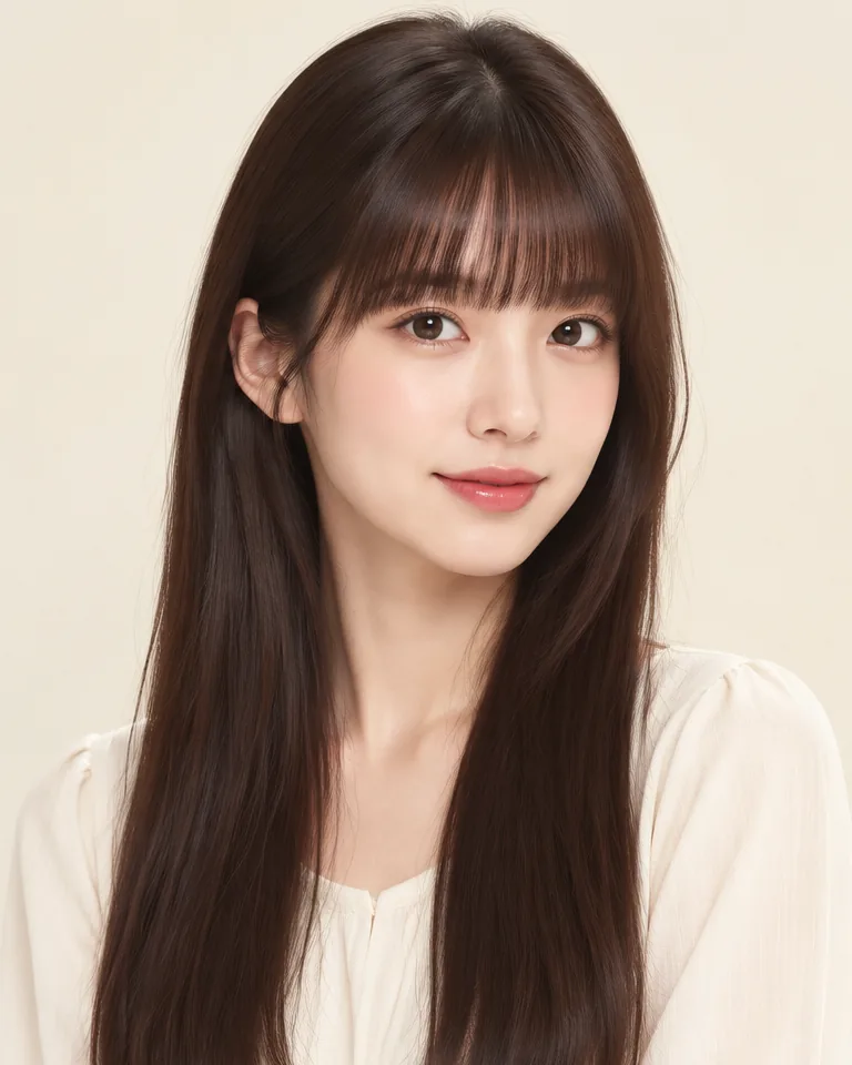 The same adult woman with long dark brown hair and dense straight-across brow-length bangs