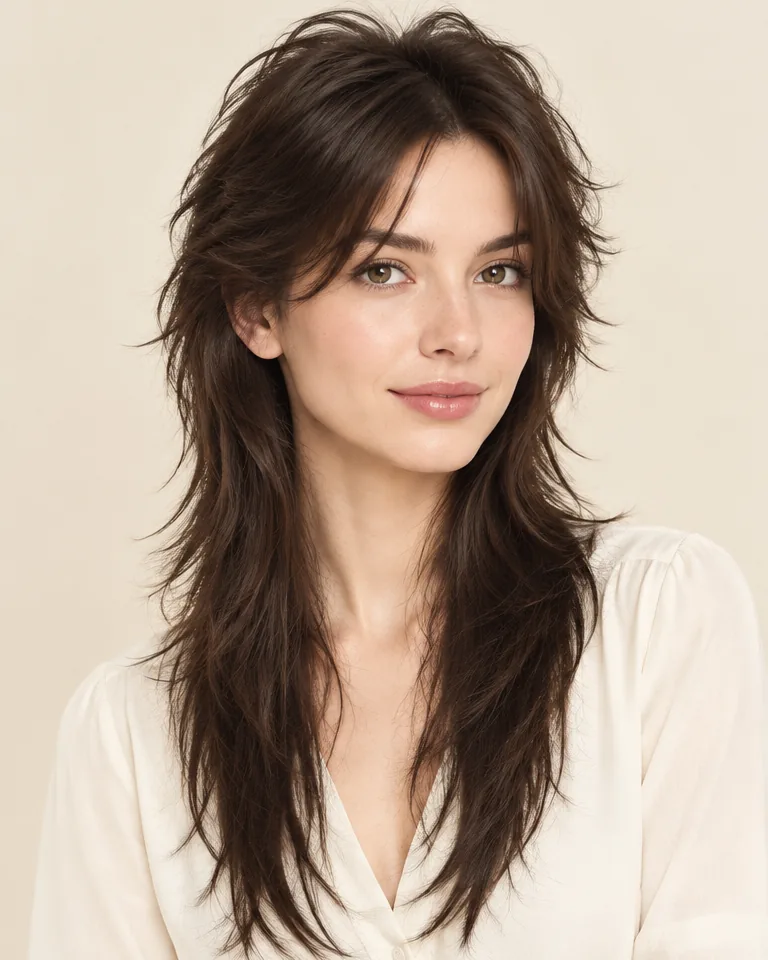 Adult woman with a dark brown wolf cut, short crown layers and long tapered ends