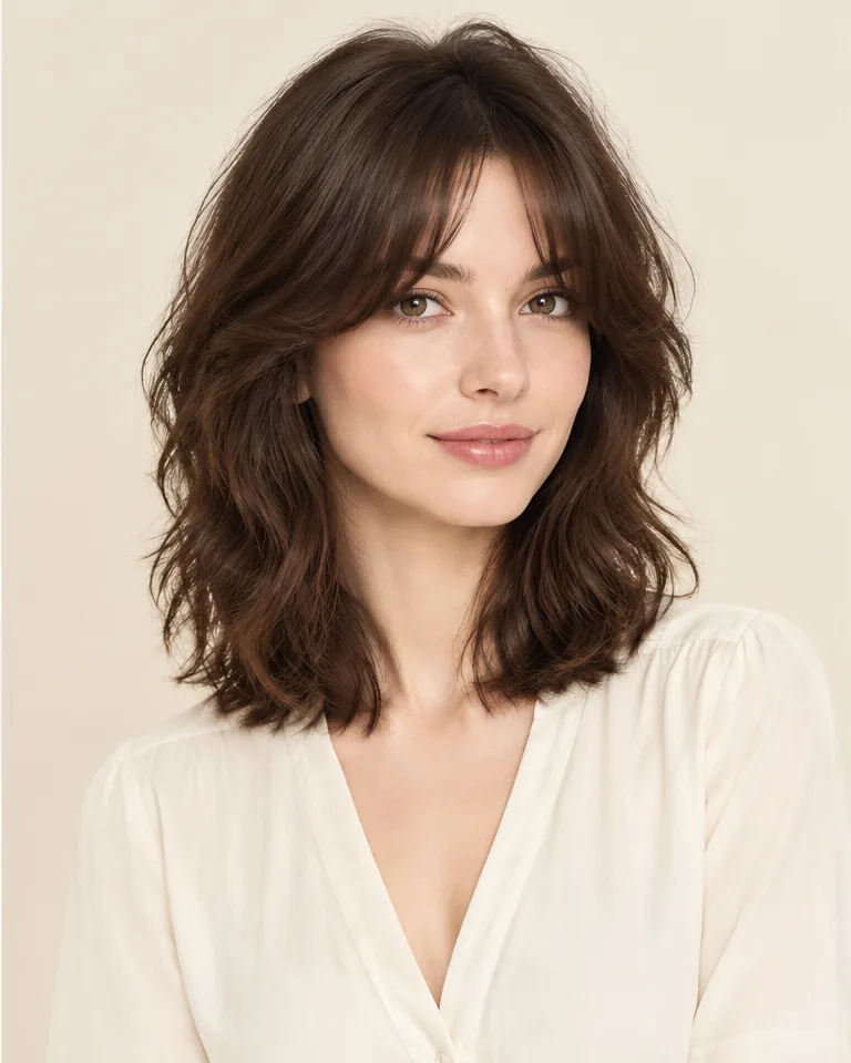 The same adult woman with a shoulder-length dark brown shag and more connected face-framing layers
