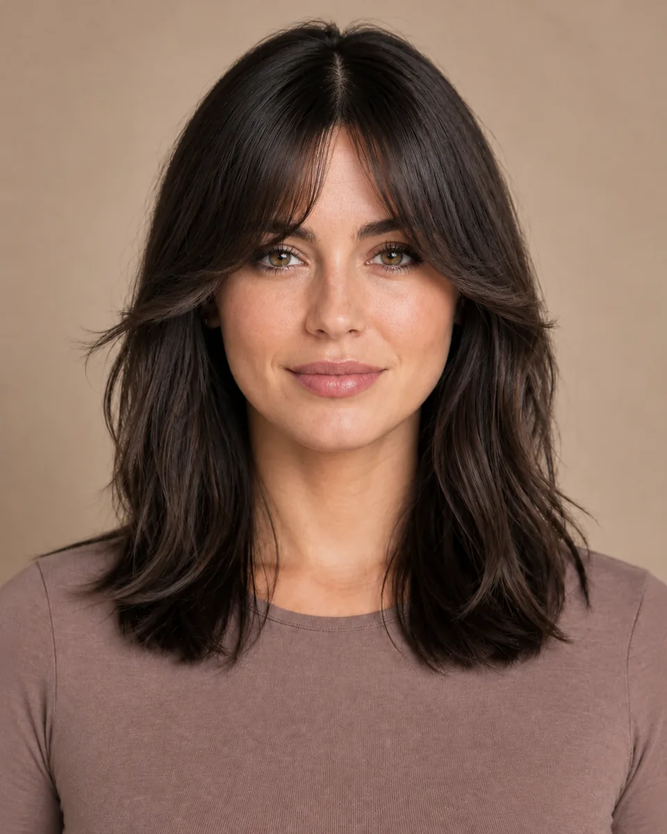 Adult woman with dark shoulder-length hair and a short narrow center fringe widening toward longer cheek-framing sides