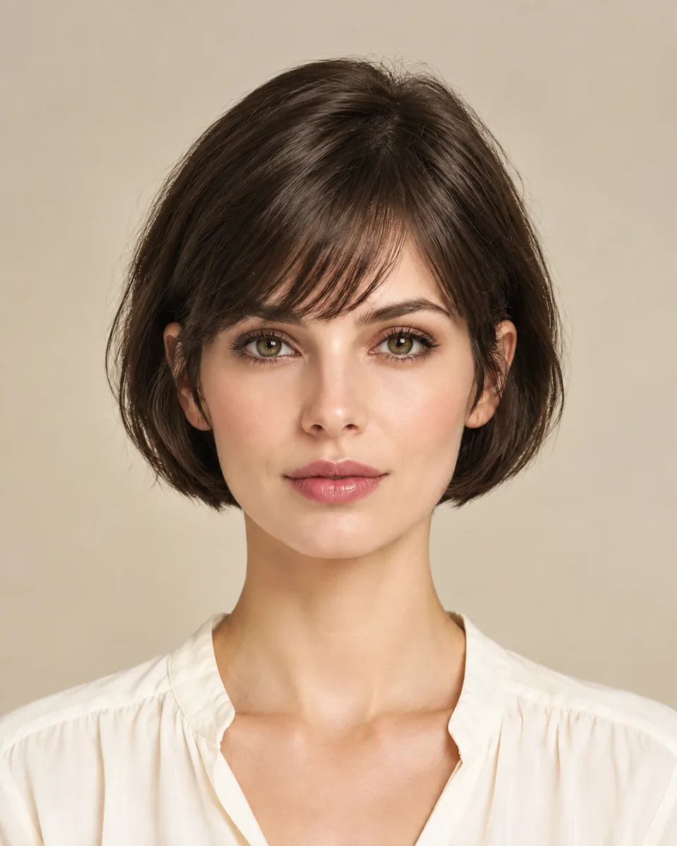 Adult woman with a compact dark brown French bob and short soft bangs