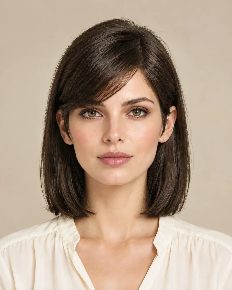 Same adult woman with a dark brown shoulder-skimming lob and longer hair beside the neck