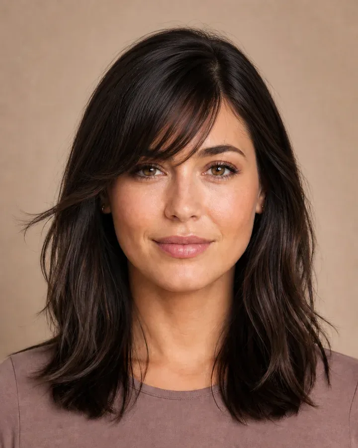 Same adult woman with dark shoulder-length hair and bangs sweeping diagonally across the forehead