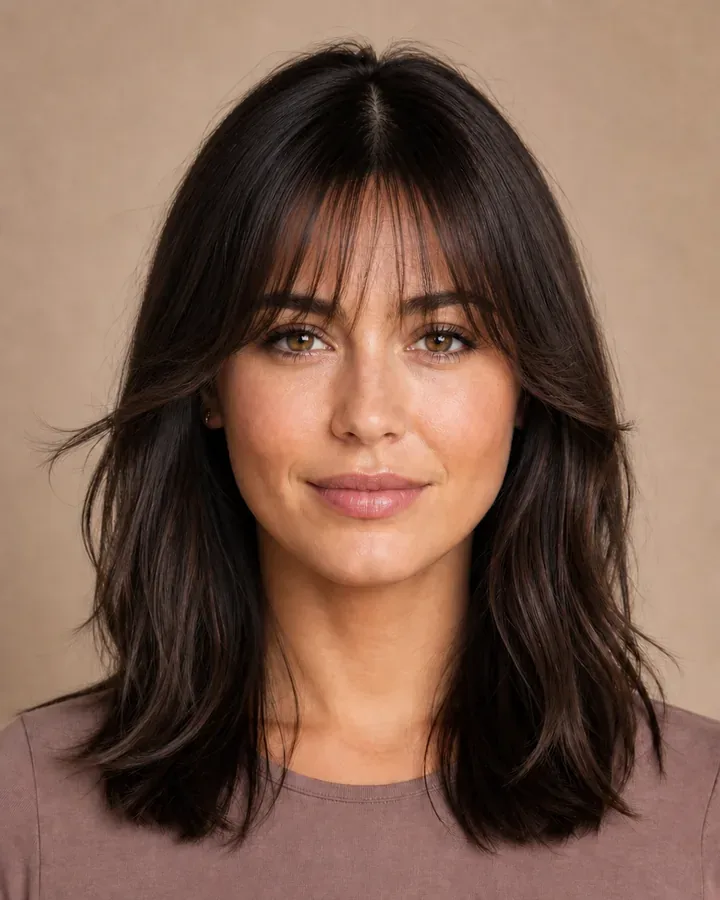 Adult woman with dark shoulder-length hair and light separated bangs across the forehead