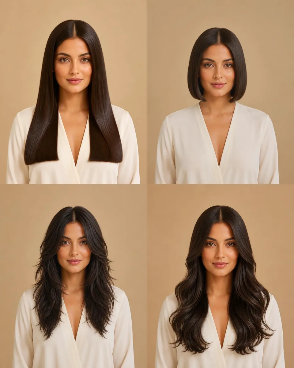 The same woman in four looks built from one portrait: long straight hair, a chin-length bob, curtain bangs, and loose waves