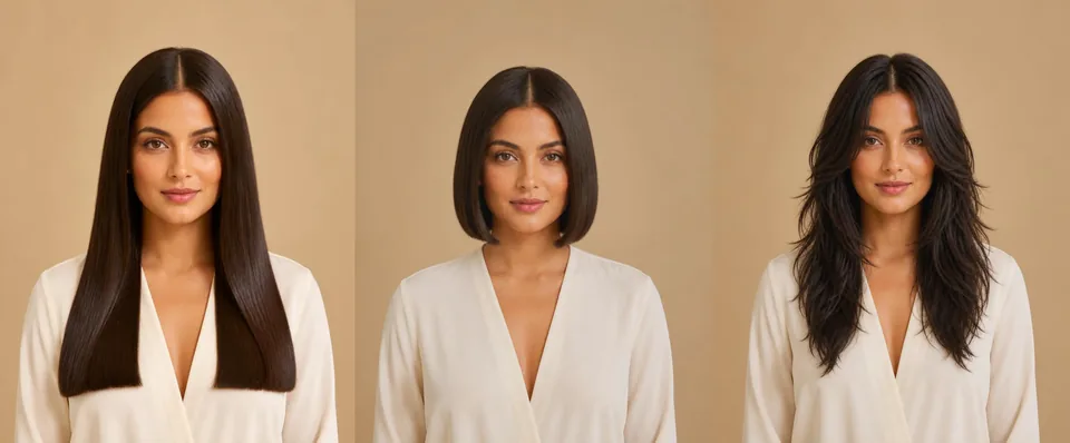 One woman photographed once and previewed in three directions: long straight hair, a chin-length bob, and curtain bangs