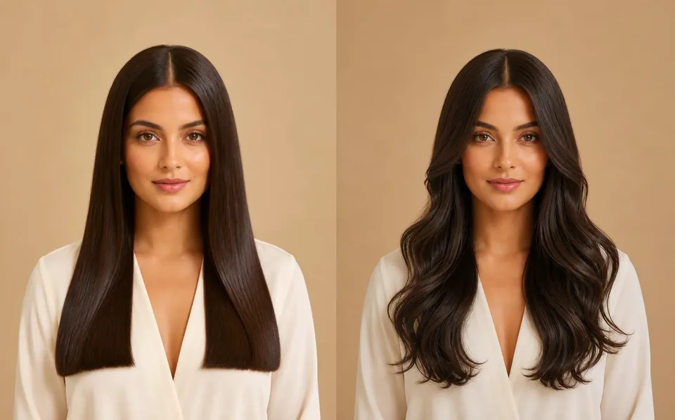 Before and after on the same portrait: long straight hair, then long loose waves