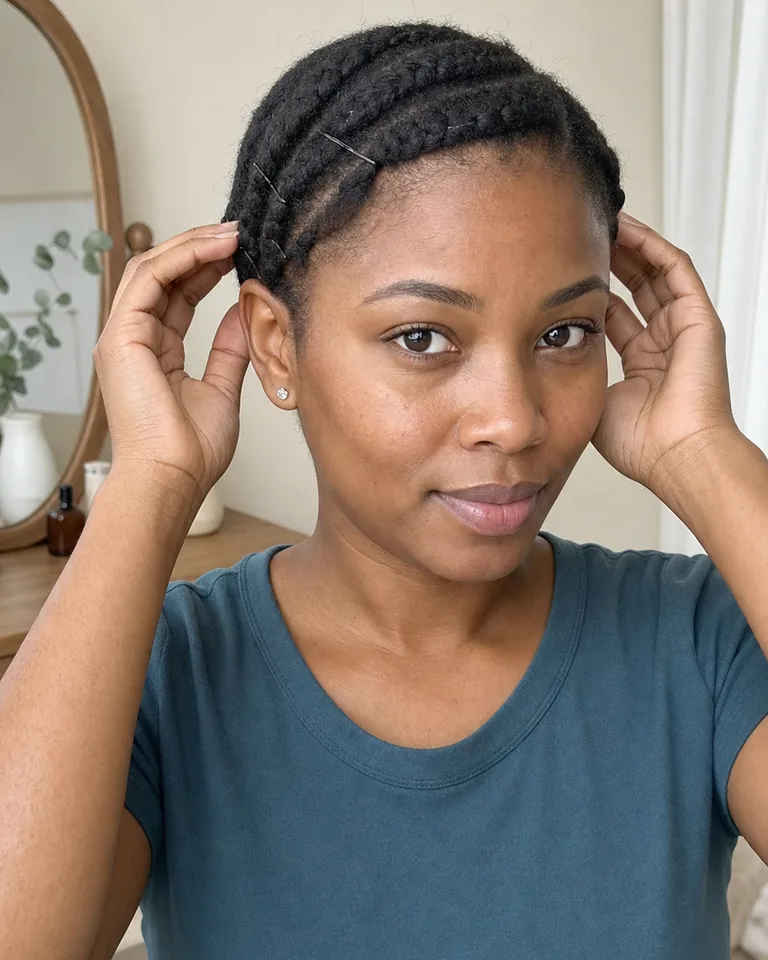 Adult woman checking flat pinned braids before putting on a wig