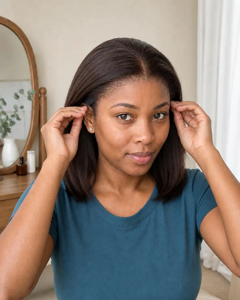 Same adult woman checking the ear tabs of a glueless lace-front wig