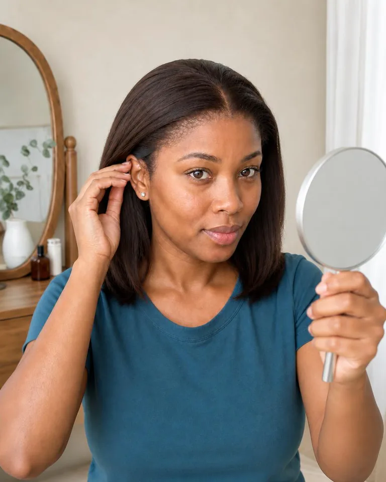 Same adult woman checking the fit and hairline of her finished wig in a handheld mirror