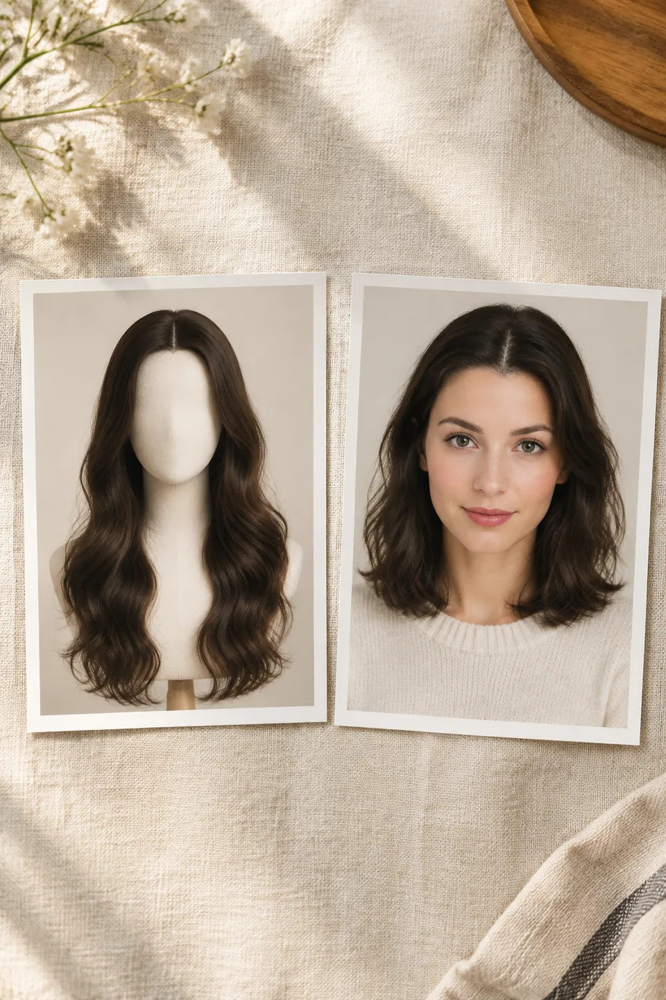 Two printed photos showing long brown waves on a display head and shoulder-length wavy hair on a woman
