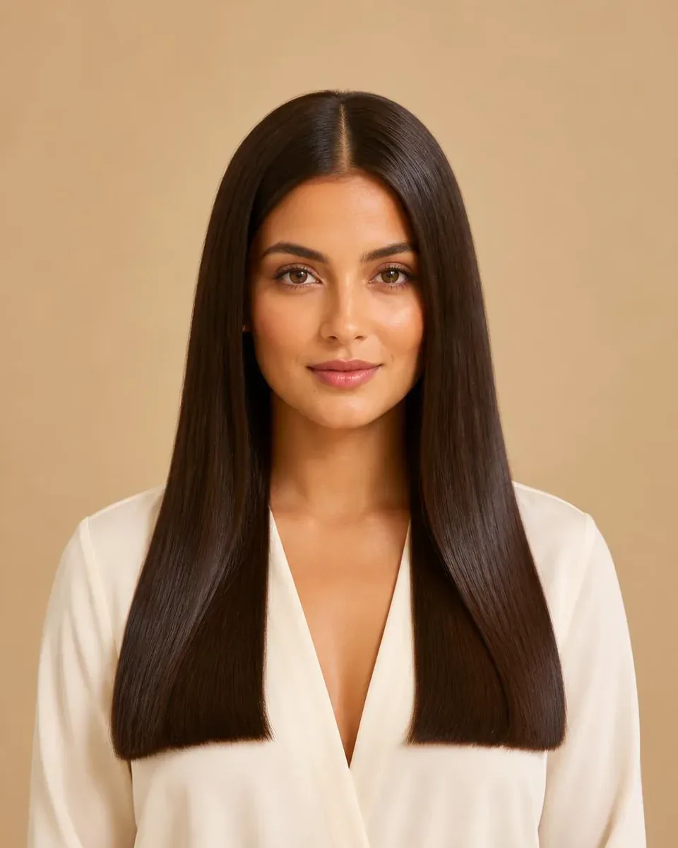 Woman with long straight brown hair wearing an ivory blouse