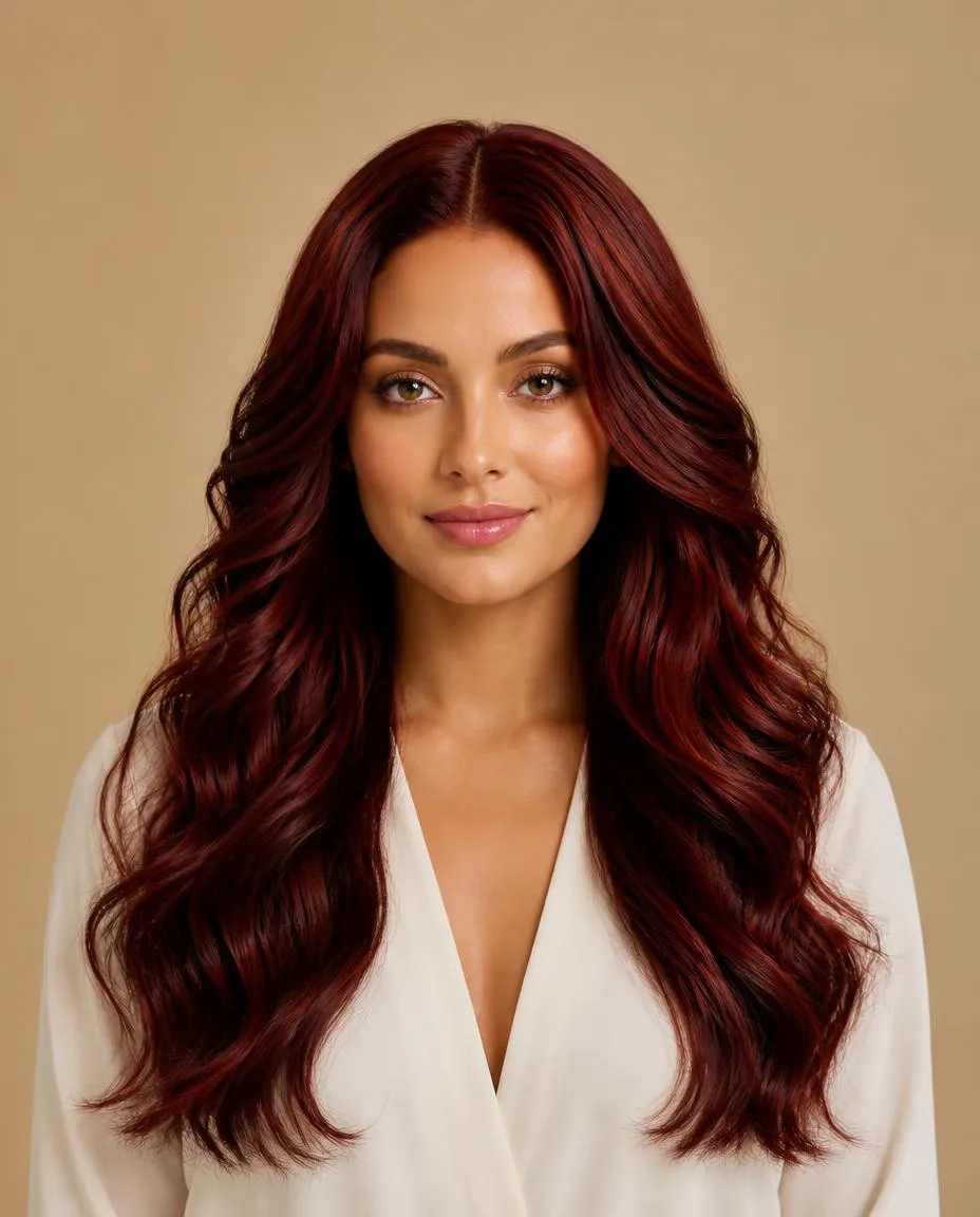 The portrait model wearing an ivory blouse with generated burgundy waves