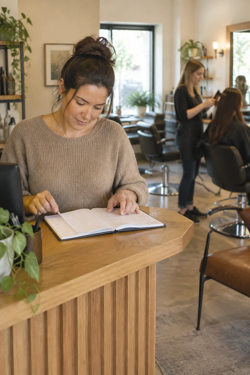 Salon owner reviewing an appointment notebook while a stylist works in the background