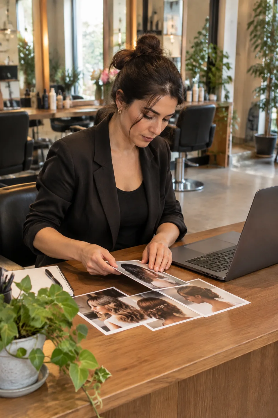 Salon owner arranging hairstyle photographs beside a laptop at the reception desk