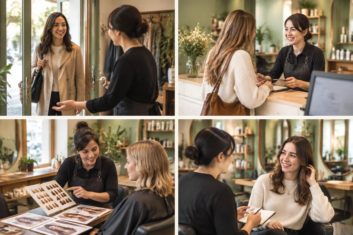 Four salon scenes showing a visitor greeting, front-desk conversation, hair-color consultation, and a stylist speaking with a seated client