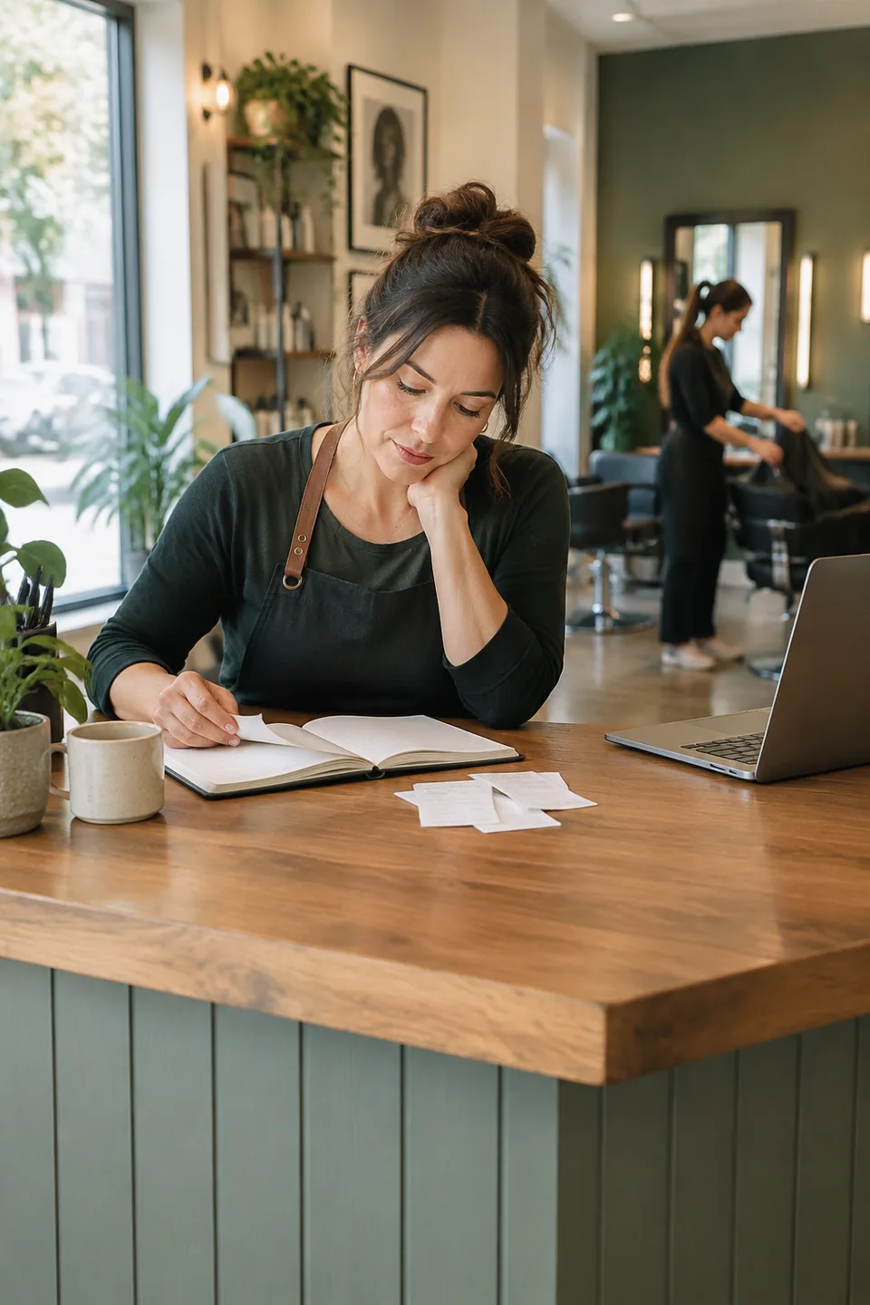 Woman reviewing a notebook at a wooden salon counter while another person works in the background