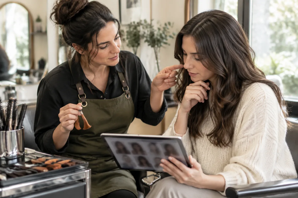 Hairstylist holding a small hair-color swatch while discussing images on a tablet with a seated client