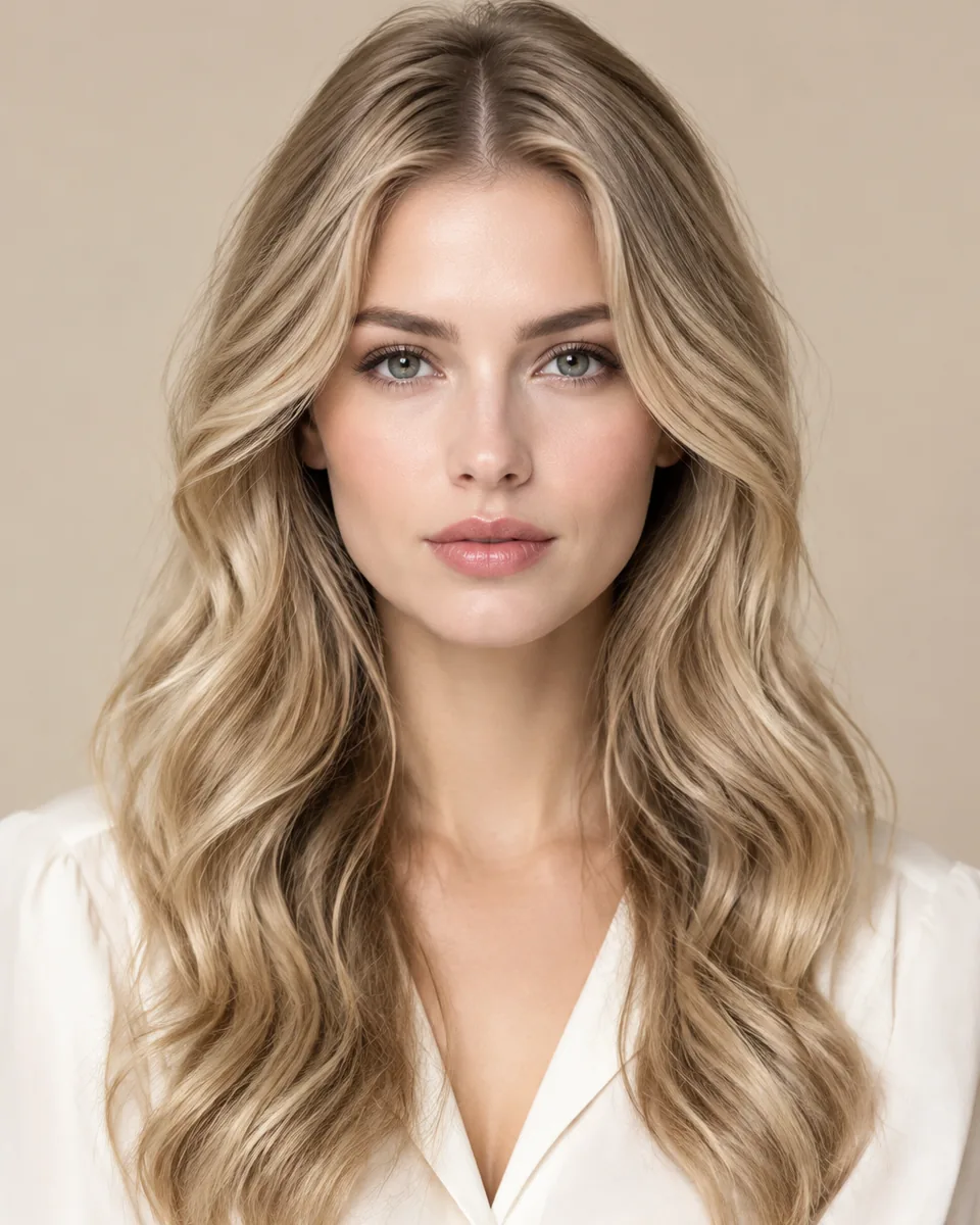 Adult model with neutral beige blonde straight hair past the shoulders