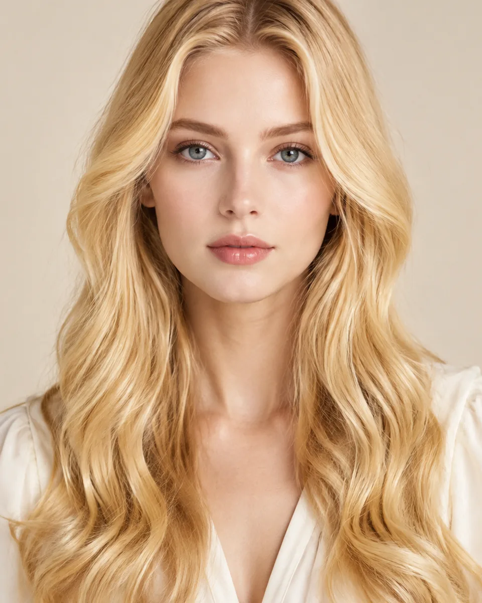 Adult model with bright golden blonde layered hair falling past the shoulders