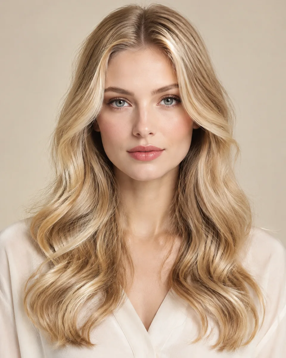 Adult model with warm honey blonde hair in long soft waves and a centre part