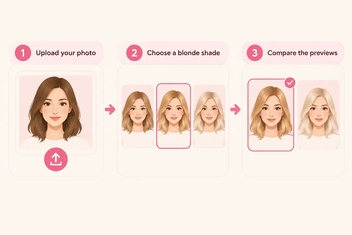 Three-step illustration of uploading a portrait photo, choosing a blonde shade and comparing blonde previews on the same face