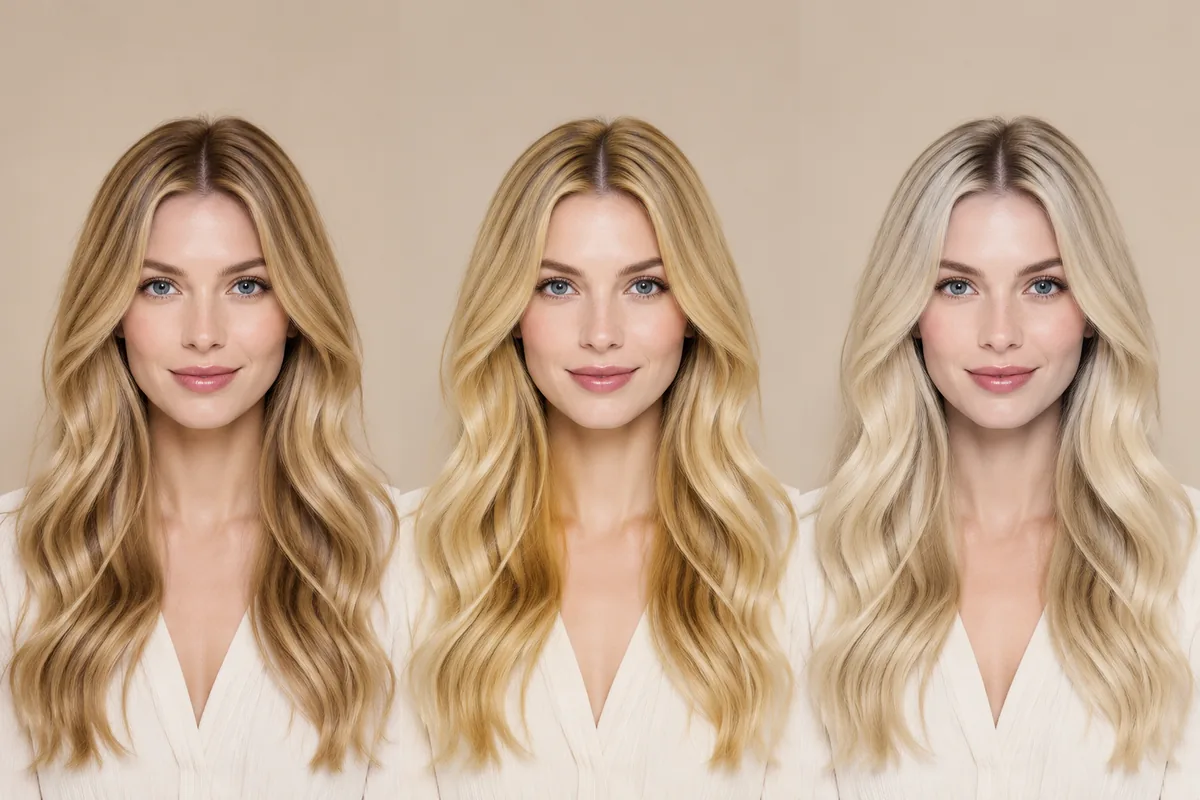 Three-panel comparison of the same model with honey blonde, golden blonde and platinum blonde hair in long waves