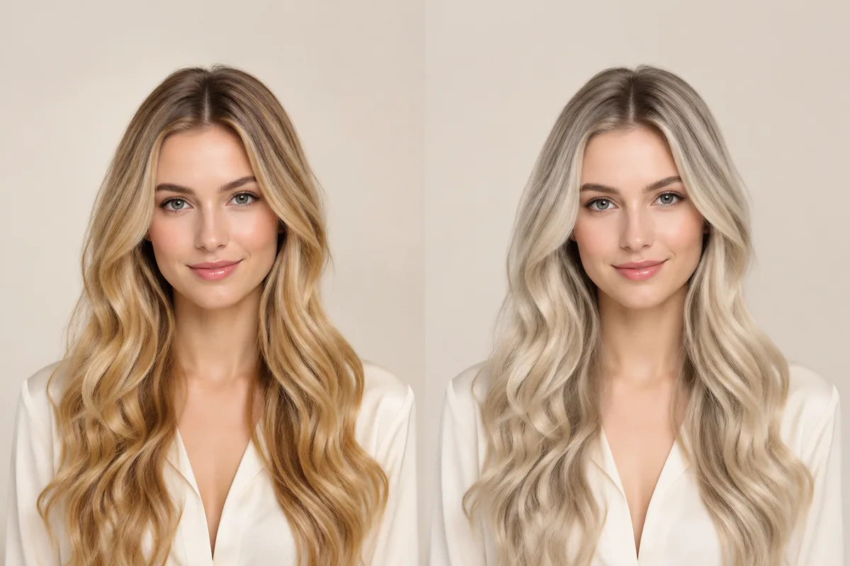 Two-panel comparison of the same model with warm honey blonde hair and cooler beige blonde hair